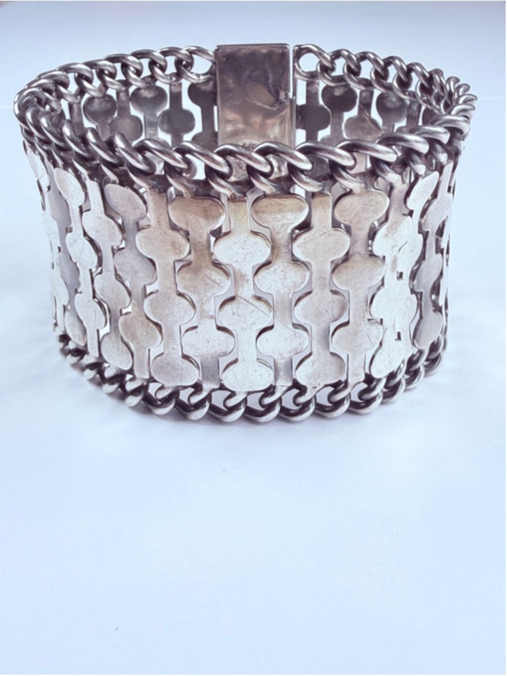 Far Fan Huge Mosaic Globe Puzzle 925 Sterling Silver 43MM VTG Bracelet Mexico